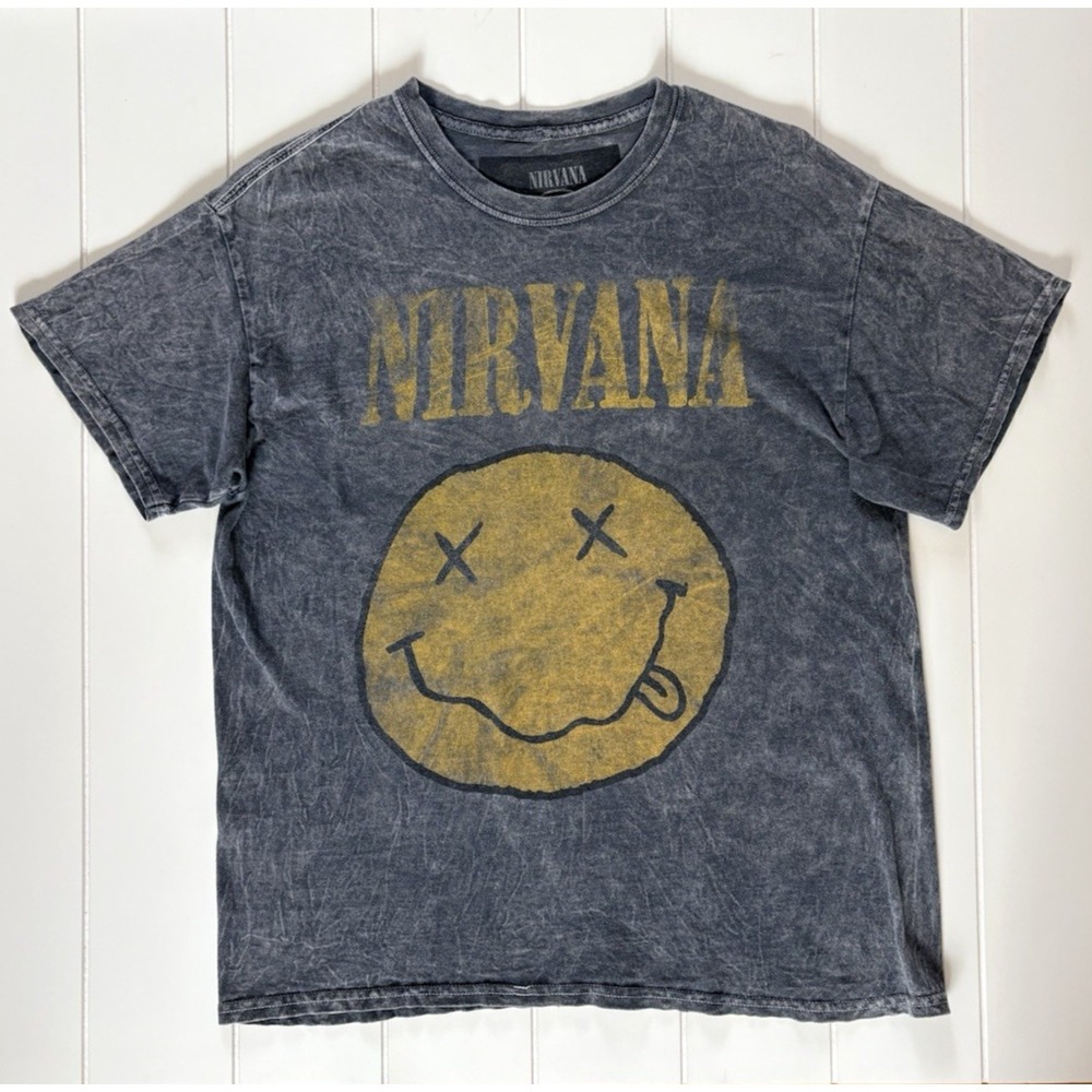 Nirvana T-Shirt L Gray Mineral Wash Yellow Smiley Face Cotton Grunge Band Tee